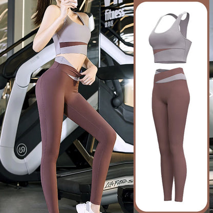 vHigh Waist Yoga Set Lady Gym Suit Sport Set Shockproof Sport Bra Crop Top Patchwork Tracksuit Women Fitness Outfit Training Wear