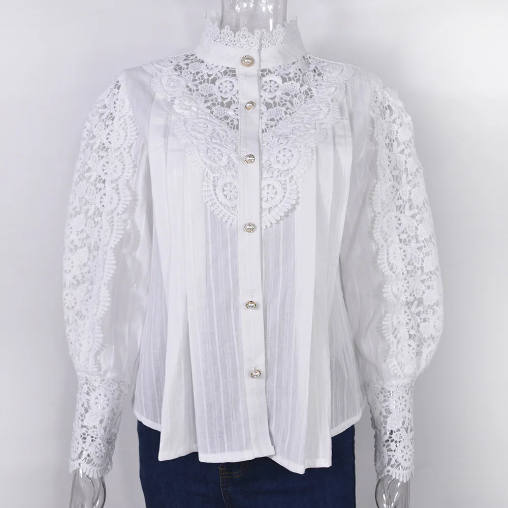 Women White Lace Blouse Big size Sexy Long Sleeve Lace Basic Shirt Top Spring Summer Korea Elegant Flower Blouse Office Outfit