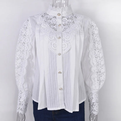 Women White Lace Blouse Big size Sexy Long Sleeve Lace Basic Shirt Top Spring Summer Korea Elegant Flower Blouse Office Outfit