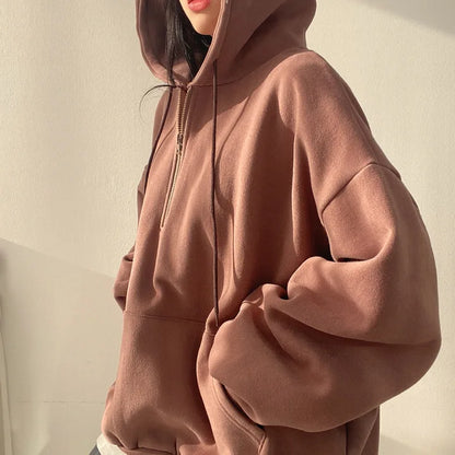 Women Hoodie Harajuku Loose Oversized Solid Color Top Half Zip Up Sweatshirt Female Casual Long Sleeve Pocket Hooded Coats 2024