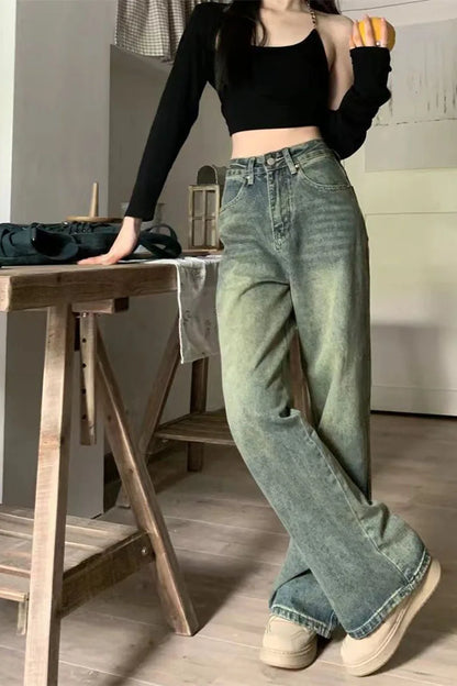 Vintage 90S Baggy Straight Denim Trousers Female Y2K High Waist Loose Wide Leg Jeans Women Streetwear All-Match Casual Pants New