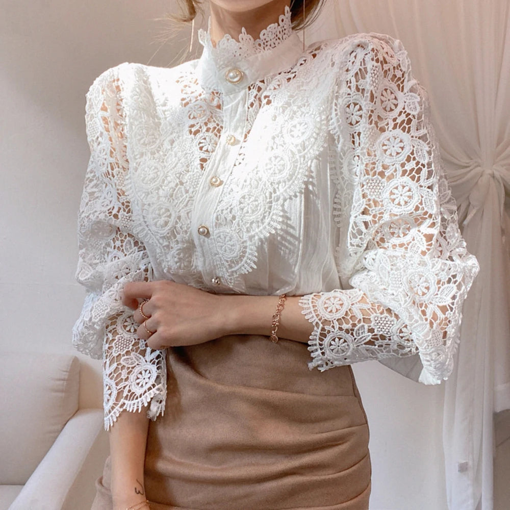 Women's Elegant Embroidery Lace Blouses Flower Petal Sleeve Hollow Out Stand Collar Tunic Spring Solid White Shirt Top For Women