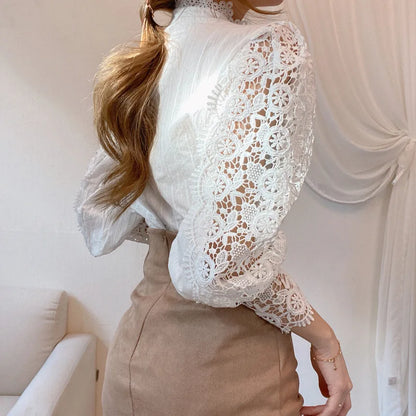 Women White Lace Blouse Big size Sexy Long Sleeve Lace Basic Shirt Top Spring Summer Korea Elegant Flower Blouse Office Outfit