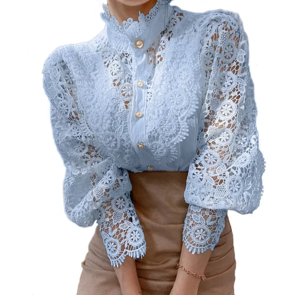 Women White Lace Blouse Big size Sexy Long Sleeve Lace Basic Shirt Top Spring Summer Korea Elegant Flower Blouse Office Outfit