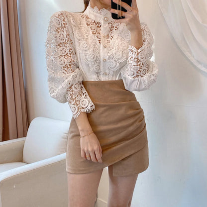 Women's Elegant Embroidery Lace Blouses Flower Petal Sleeve Hollow Out Stand Collar Tunic Spring Solid White Shirt Top For Women