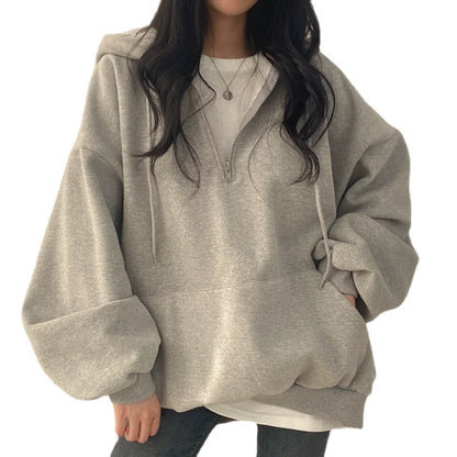 Women Hoodie Harajuku Loose Oversized Solid Color Top Half Zip Up Sweatshirt Female Casual Long Sleeve Pocket Hooded Coats 2024