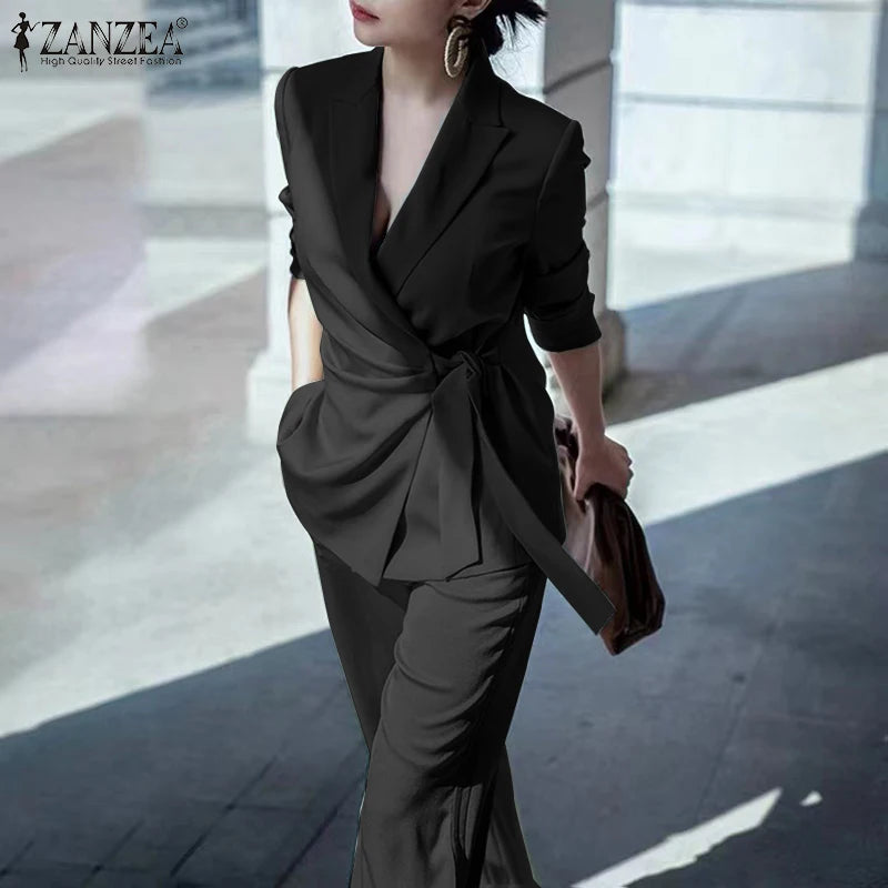 ZANZEA Elegant OL Work Suit Women Solid Blazer & Wide Leg Pant Sets Fashion 2PCS Urban Tracksuits Ladies Office Outfits Oversize