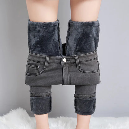 Women Thermal Jeans Winter Snow Warm Plush Stretch Jeans Lady Skinny Thicken Fleece Students Pants Female Retro Blue Trousers