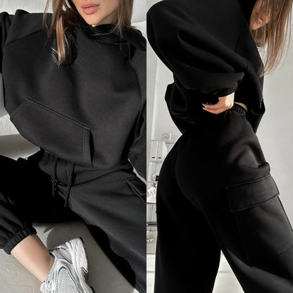 Women Hooded Tracksuit Two Pieces Set Sweatshirts Pullover Hoodies Pockets Pants Suit Drawstring Trousers Sports Outfits Autumn