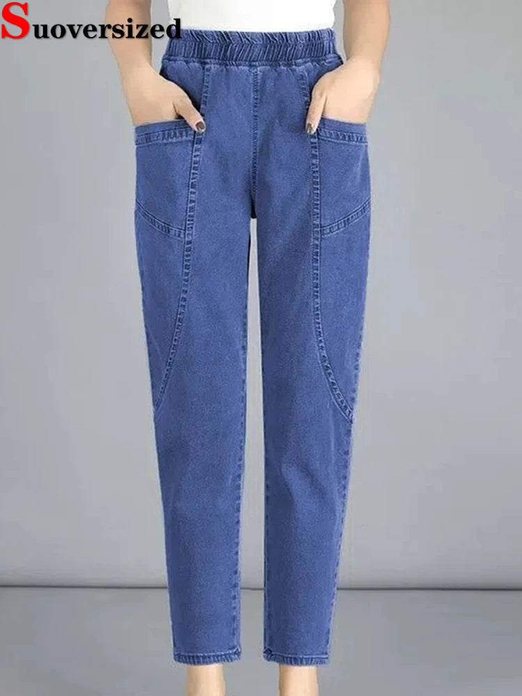 Vintage High Waist Ankle-length Blue Jeans Harem Elastic Denim Pants Large Size 4xl Woman Jogger Vaqueros Casual Baggy Spodnie