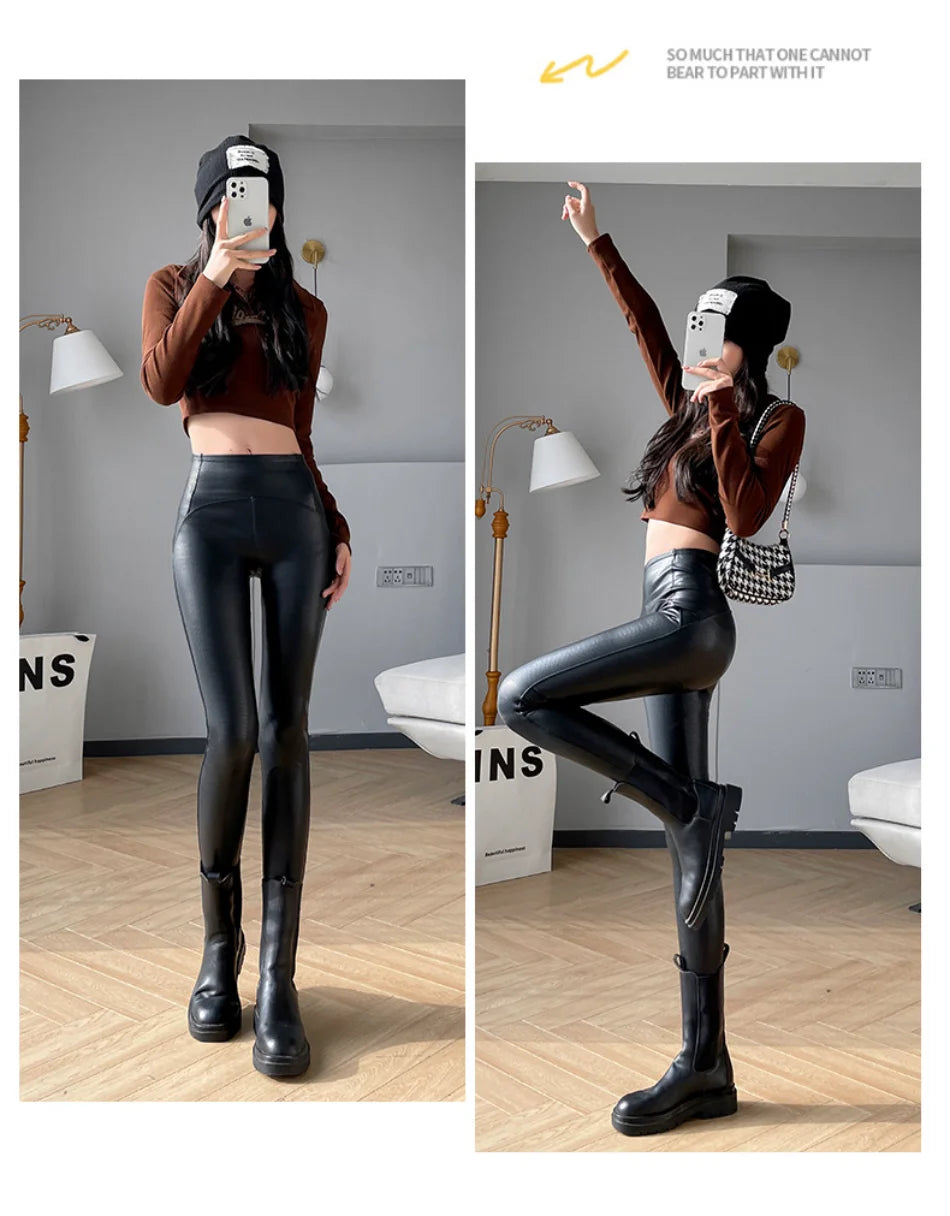 Women's Autumn Sexy Pu Leather Leggings Ladies Winter High Waist Trousers Girl Multicolour Tights Stretch Soft Thin Fleece Pants