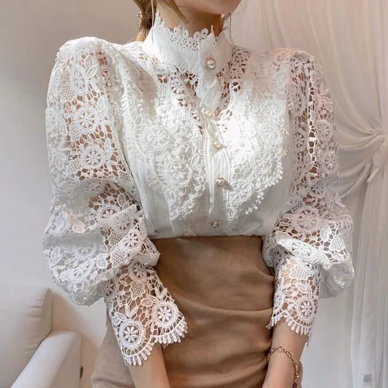 Women's Elegant Embroidery Lace Blouses Flower Petal Sleeve Hollow Out Stand Collar Tunic Spring Solid White Shirt Top For Women