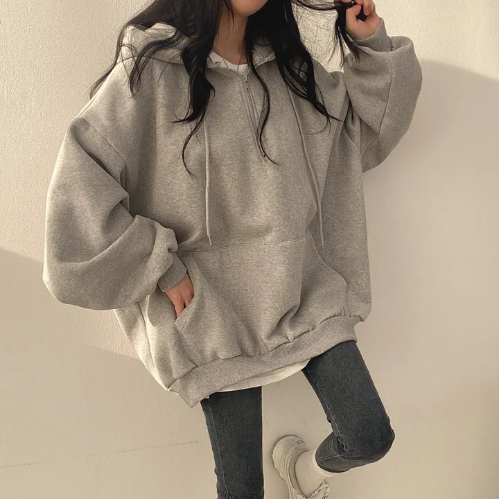 Women Hoodie Harajuku Loose Oversized Solid Color Top Half Zip Up Sweatshirt Female Casual Long Sleeve Pocket Hooded Coats 2024