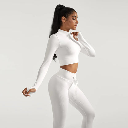 2 PCS Women's Fitness Sports Suits Seamless Yoga Sets Sportswear Workout Gym Clothing Drawstring High Waist Leggings Tracksuit