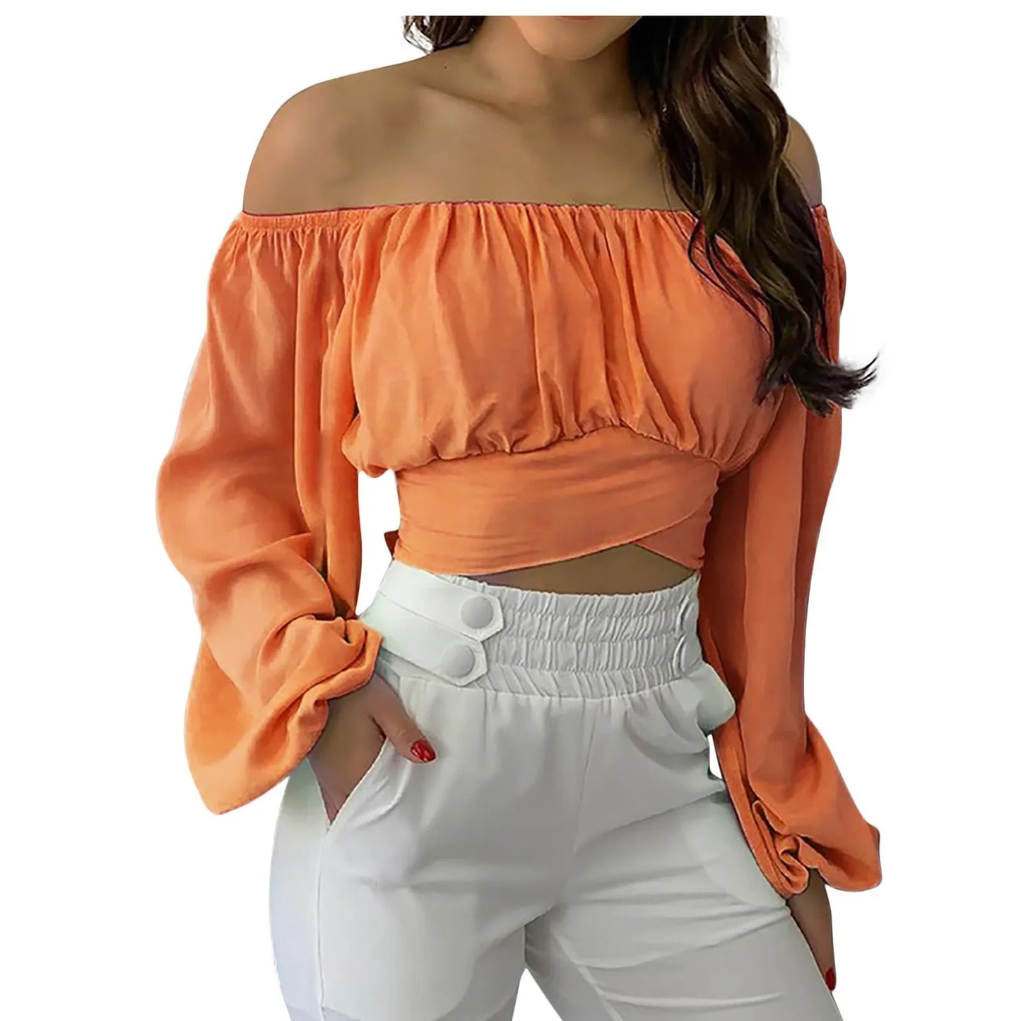 Women Sexy Off Shoulder Printing Blouses Chic and Elegant Lantern Long Sleeve Lace Up Bow Cropped Tops Casual Slim Shirts 2023