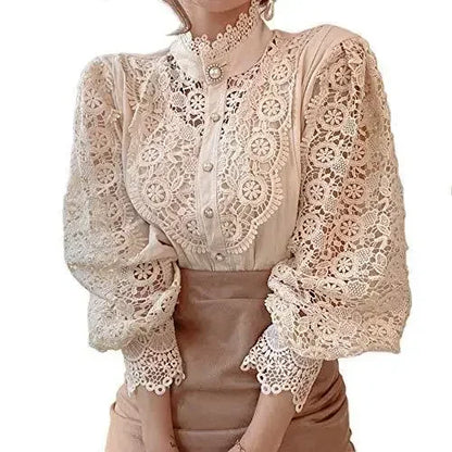 Women White Lace Blouse Big size Sexy Long Sleeve Lace Basic Shirt Top Spring Summer Korea Elegant Flower Blouse Office Outfit