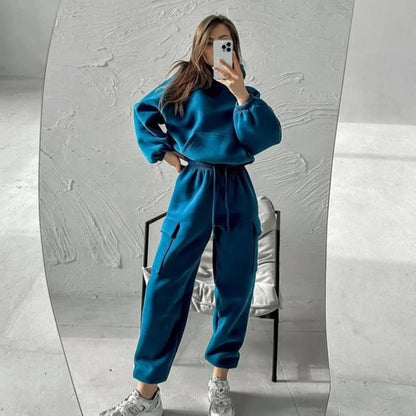 Women Hooded Tracksuit Two Pieces Set Sweatshirts Pullover Hoodies Pockets Pants Suit Drawstring Trousers Sports Outfits Autumn