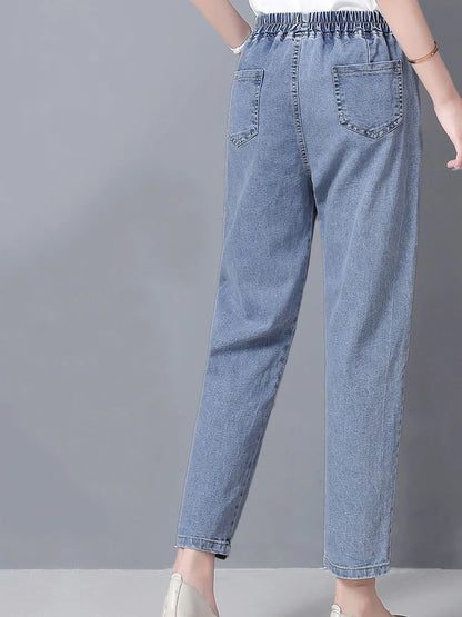 Vintage High Waist Ankle-length Blue Jeans Harem Elastic Denim Pants Large Size 4xl Woman Jogger Vaqueros Casual Baggy Spodnie