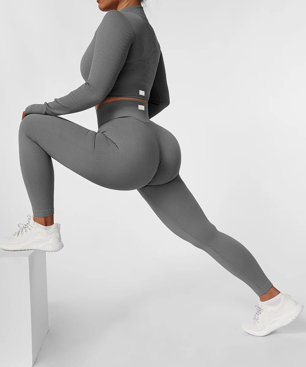 2 PCS Women's Fitness Sports Suits Seamless Yoga Sets Sportswear Workout Gym Clothing Drawstring High Waist Leggings Tracksuit