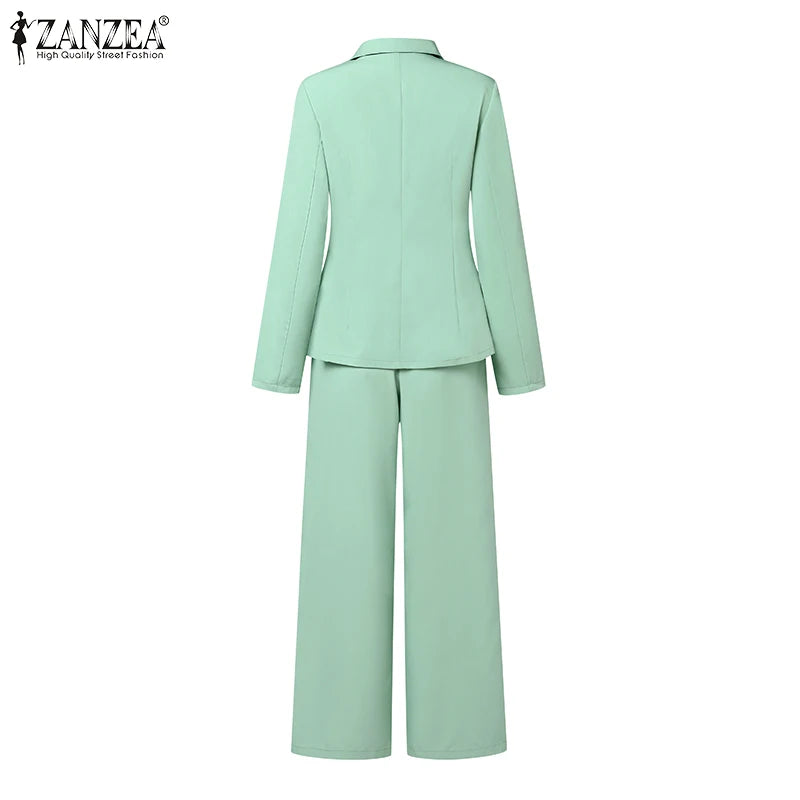 ZANZEA Elegant OL Work Suit Women Solid Blazer & Wide Leg Pant Sets Fashion 2PCS Urban Tracksuits Ladies Office Outfits Oversize