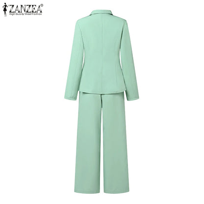 ZANZEA Elegant OL Work Suit Women Solid Blazer & Wide Leg Pant Sets Fashion 2PCS Urban Tracksuits Ladies Office Outfits Oversize