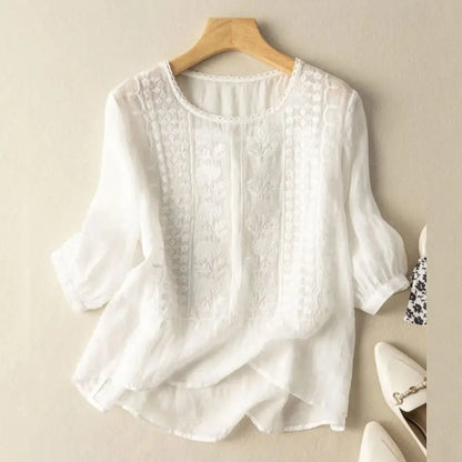 Vintage Shirts ZANZEA Summer Lace Crochet Blouse Women 3/4 O Neck Sleeve Tops Embroidery Blusas Femme Causal Cotton Chemsie