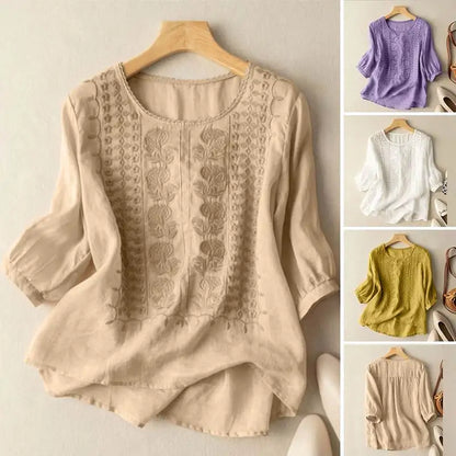 Vintage Shirts ZANZEA Summer Lace Crochet Blouse Women 3/4 O Neck Sleeve Tops Embroidery Blusas Femme Causal Cotton Chemsie