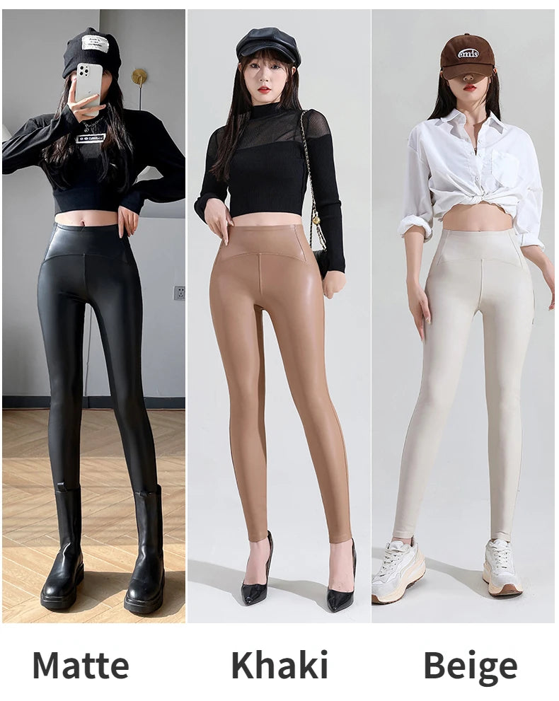 Women's Autumn Sexy Pu Leather Leggings Ladies Winter High Waist Trousers Girl Multicolour Tights Stretch Soft Thin Fleece Pants