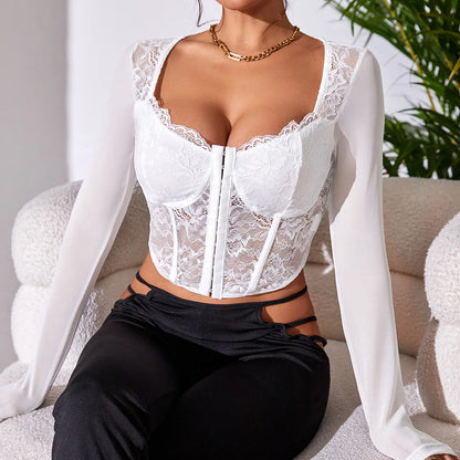 Vemina Selection of Autumn Backless Sexy Lace Long Sleeve Women Blouse,Black Embroidery Floral Bare Shoulder Bodycon Crop Top