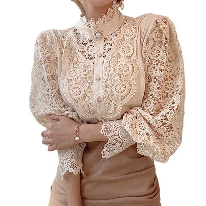 Women White Lace Blouse Big size Sexy Long Sleeve Lace Basic Shirt Top Spring Summer Korea Elegant Flower Blouse Office Outfit