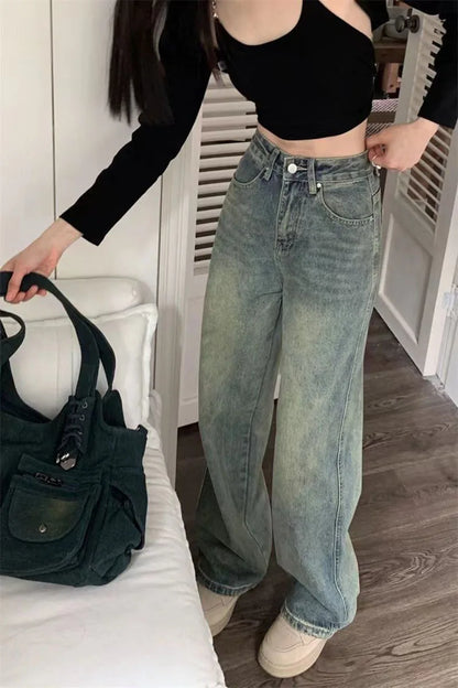 Vintage 90S Baggy Straight Denim Trousers Female Y2K High Waist Loose Wide Leg Jeans Women Streetwear All-Match Casual Pants New