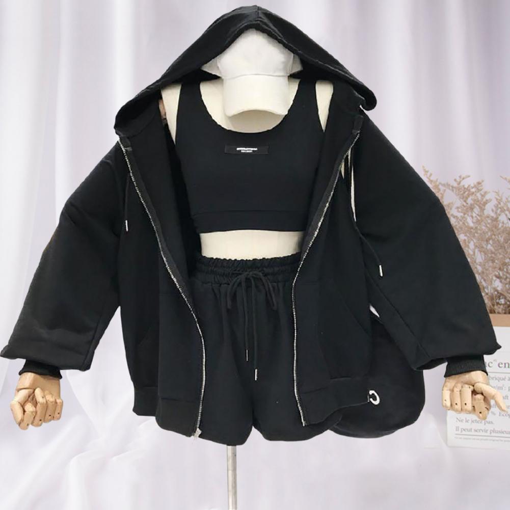 1 Set Casual Three Pieces Women Coat Drawstring Shorts Vest Set Breathable Women Hoodie Pocket Design Zipper Closure for Female