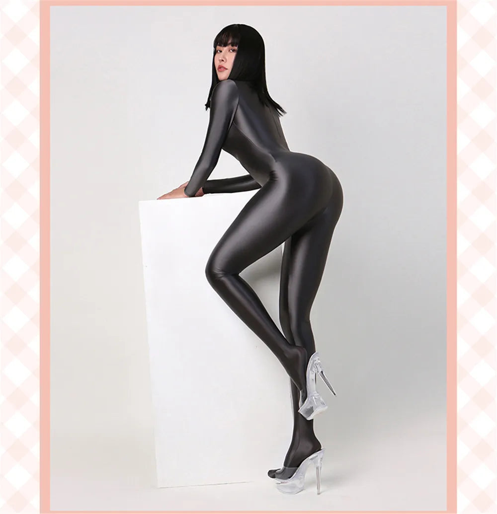 Women Oily Glossy Long Sleeve Elastic Bodysuit Bodycon Rompers One-piece Swimsuit Silky Tights Satin Pantyhose Jumpsuits Thong