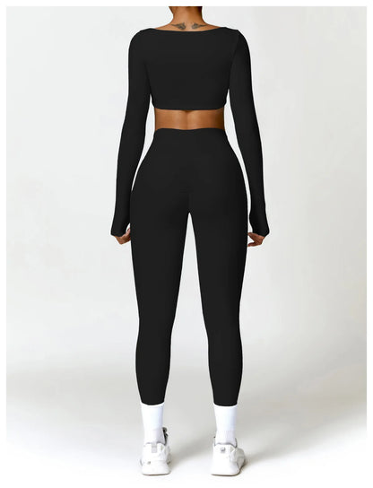 Women Tracksuit Yoga Set 2PCS Sportswear Workout Clothes Athletic Wear Gym Legging Fitness Bra Crop Top Long Sleeve Sports Suits