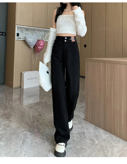 Winter Jeans Women Fleece Warm Denim Trousers High Waist Casual Loose Female Denim Pants Thick Velvet Cotton Wide Leg Woman Jean