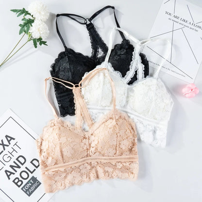 Women White Crop Tops Lace Print Camisole Sexy Hollow Backless Bra Removable Chest Pad Bralette Solid Beauty Back Tank Top