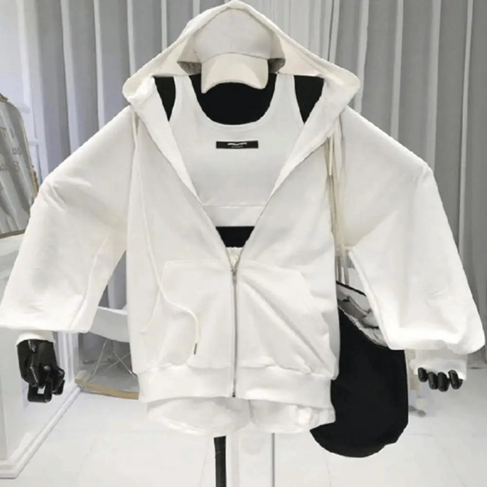 1 Set Casual Three Pieces Women Coat Drawstring Shorts Vest Set Breathable Women Hoodie Pocket Design Zipper Closure for Female