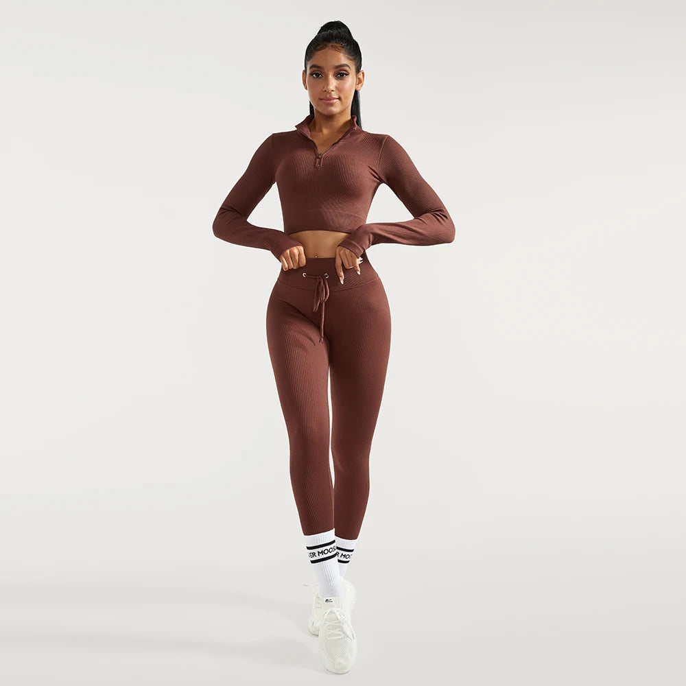 2 PCS Women's Fitness Sports Suits Seamless Yoga Sets Sportswear Workout Gym Clothing Drawstring High Waist Leggings Tracksuit