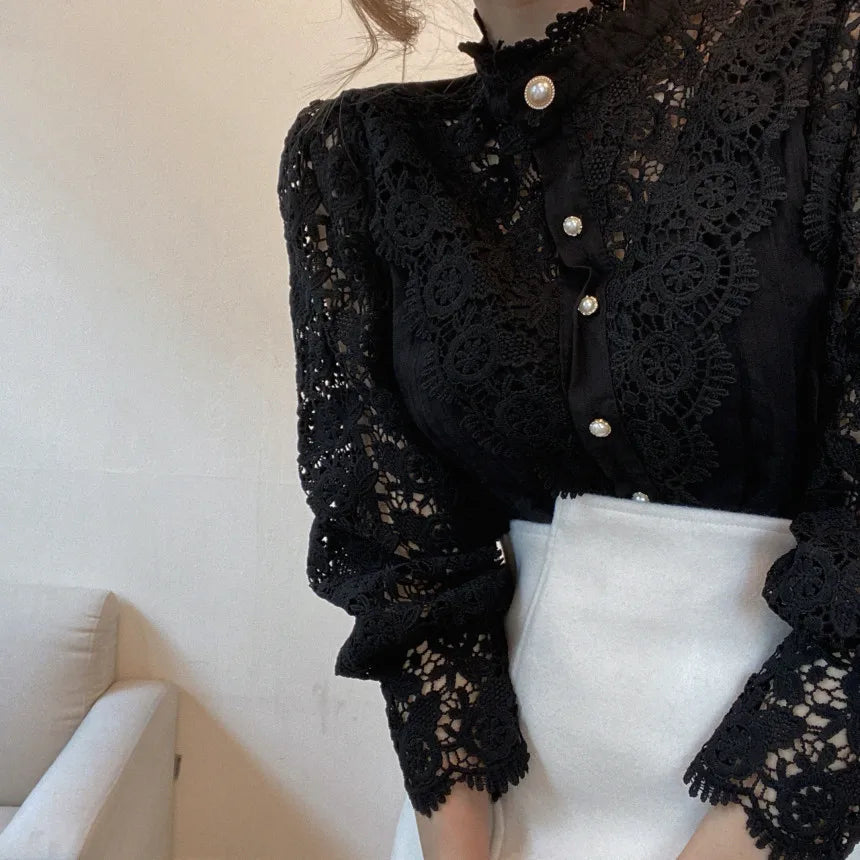 Women White Lace Blouse Big size Sexy Long Sleeve Lace Basic Shirt Top Spring Summer Korea Elegant Flower Blouse Office Outfit