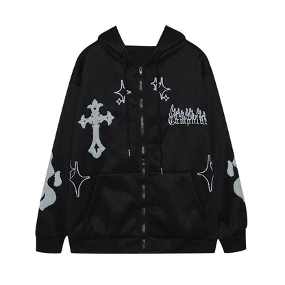 2023 European and American Autumn/Winter Hoodie Embroidered Cross Flame Coat Plush Couple Loose Top Sweater