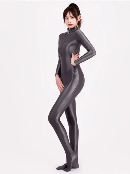 Women Oily Glossy Long Sleeve Elastic Bodysuit Bodycon Rompers One-piece Swimsuit Silky Tights Satin Pantyhose Jumpsuits Thong