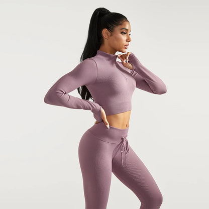 2 PCS Women's Fitness Sports Suits Seamless Yoga Sets Sportswear Workout Gym Clothing Drawstring High Waist Leggings Tracksuit