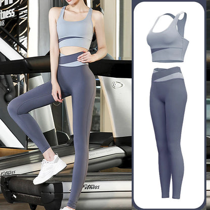 vHigh Waist Yoga Set Lady Gym Suit Sport Set Shockproof Sport Bra Crop Top Patchwork Tracksuit Women Fitness Outfit Training Wear