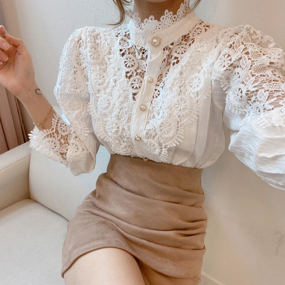 Women's Elegant Embroidery Lace Blouses Flower Petal Sleeve Hollow Out Stand Collar Tunic Spring Solid White Shirt Top For Women