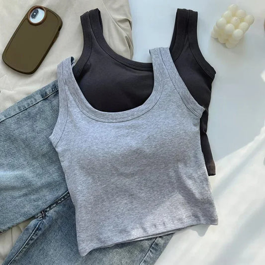 Women's Vest One-Piece No Steel Ring Cotton Chest Pad Wide Shoulder Sports Yoga Vest Underwear Black White Bra Tank Top Women