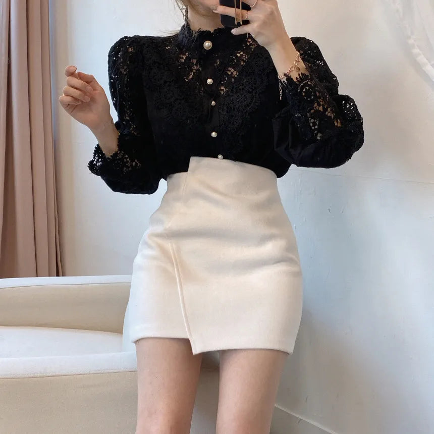 Women White Lace Blouse Big size Sexy Long Sleeve Lace Basic Shirt Top Spring Summer Korea Elegant Flower Blouse Office Outfit