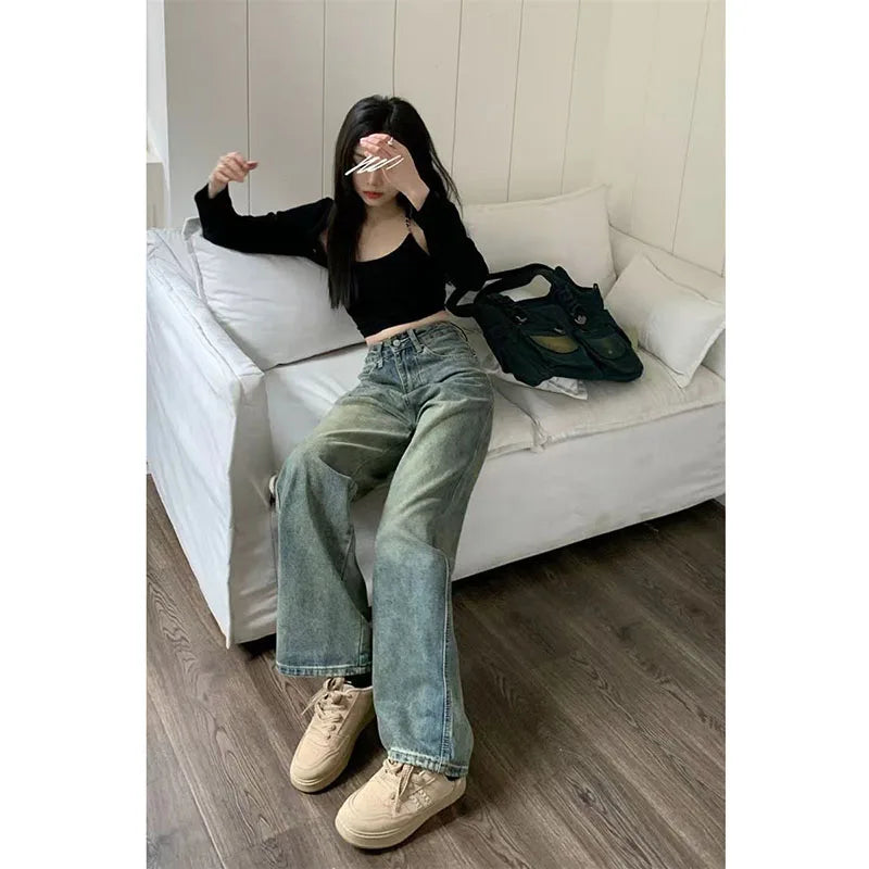 Vintage 90S Baggy Straight Denim Trousers Female Y2K High Waist Loose Wide Leg Jeans Women Streetwear All-Match Casual Pants New