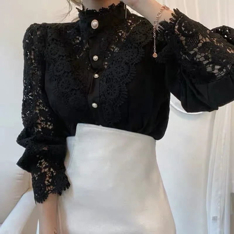 Women's Elegant Embroidery Lace Blouses Flower Petal Sleeve Hollow Out Stand Collar Tunic Spring Solid White Shirt Top For Women