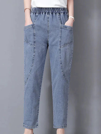 Vintage High Waist Ankle-length Blue Jeans Harem Elastic Denim Pants Large Size 4xl Woman Jogger Vaqueros Casual Baggy Spodnie