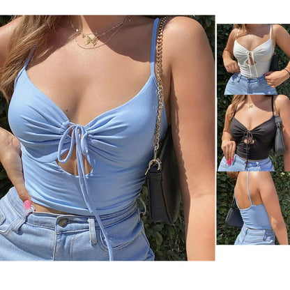 Women Lace-up Camisole Hollow Out Crop Top Summer Thin Sexy Backless Spaghetti Strap Vest V-Neck Tanks Top Y2k Sleeveless 2024